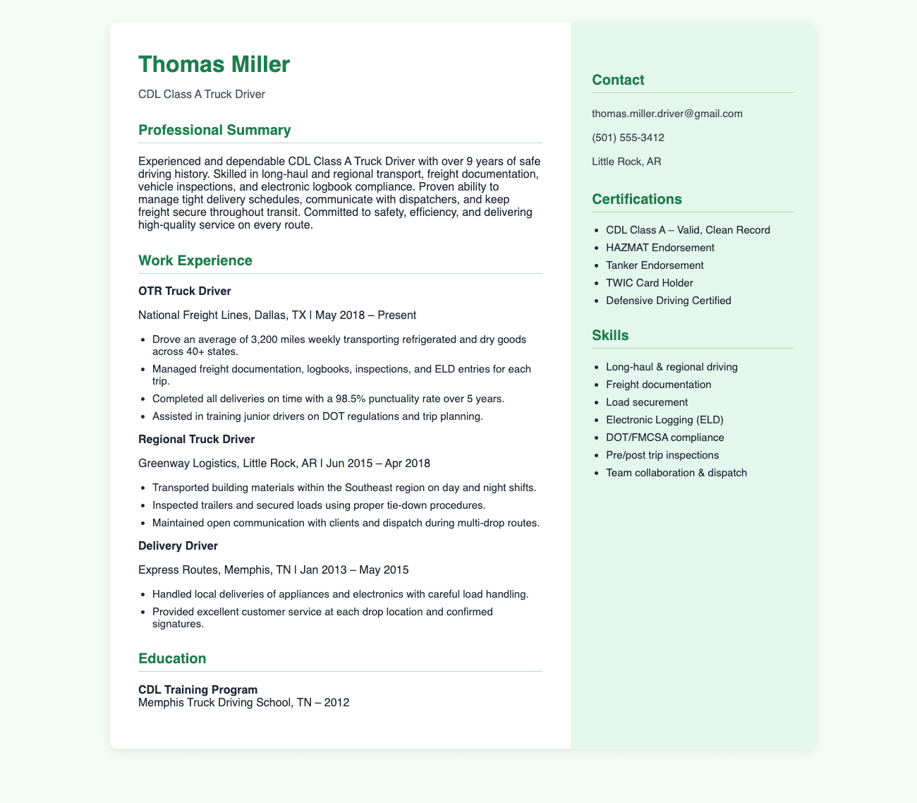 CDL Truck Driver Class-A Example Resume