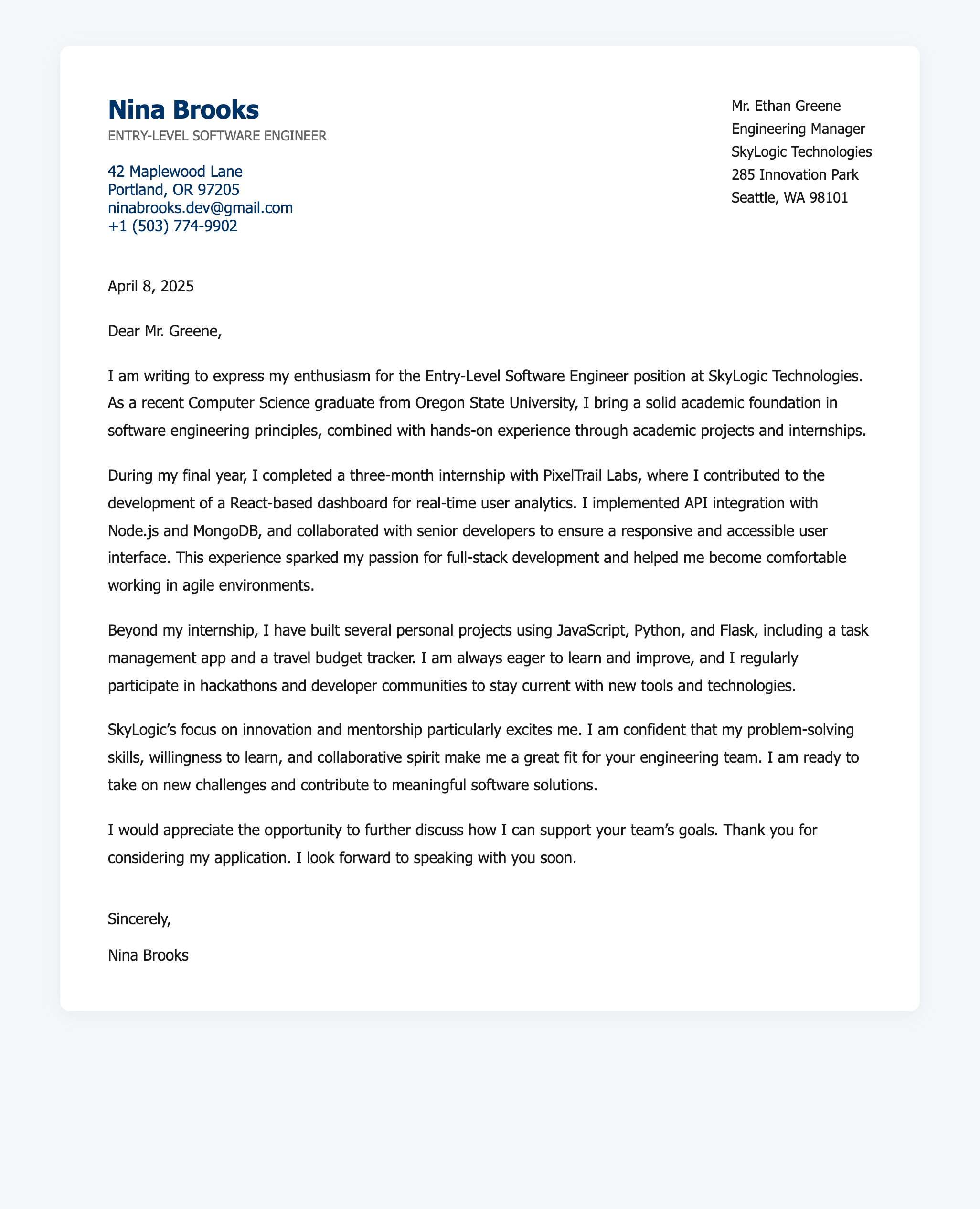 Entry LeveL Software Engineer Cover Letter Examples
