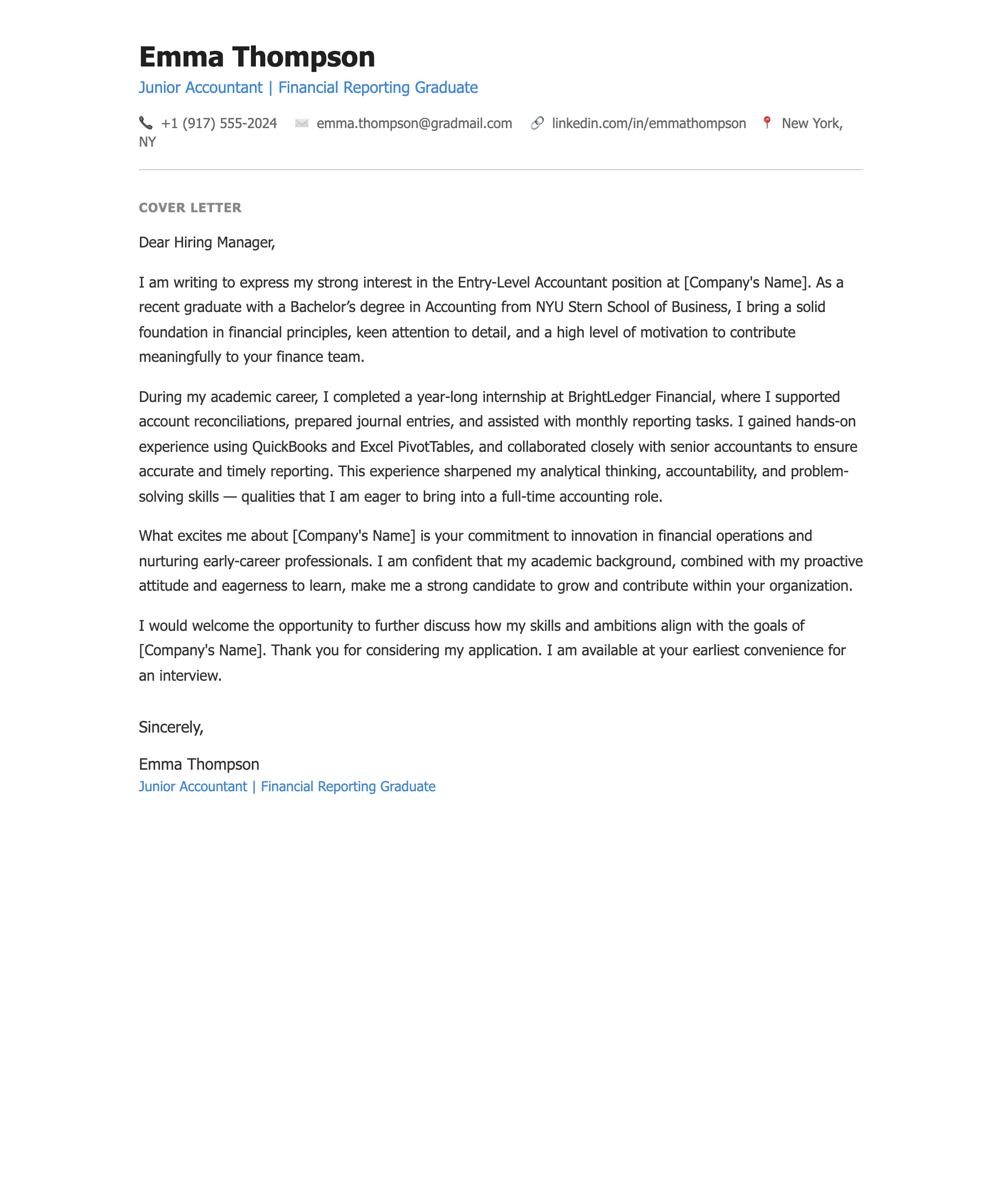 Entry Level Accountant Cover Letter