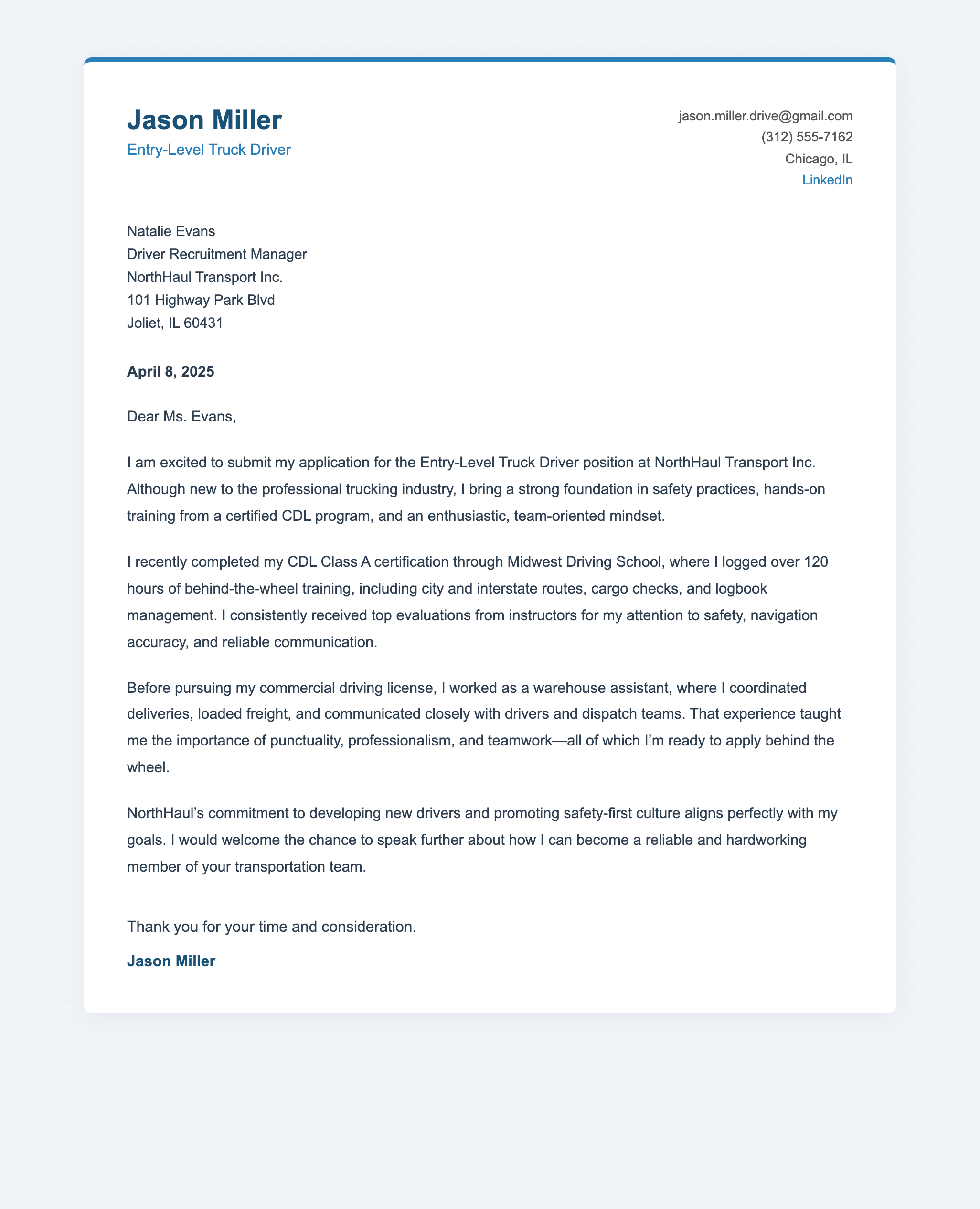 Entry-Level Truck Driver Cover Letter Examples