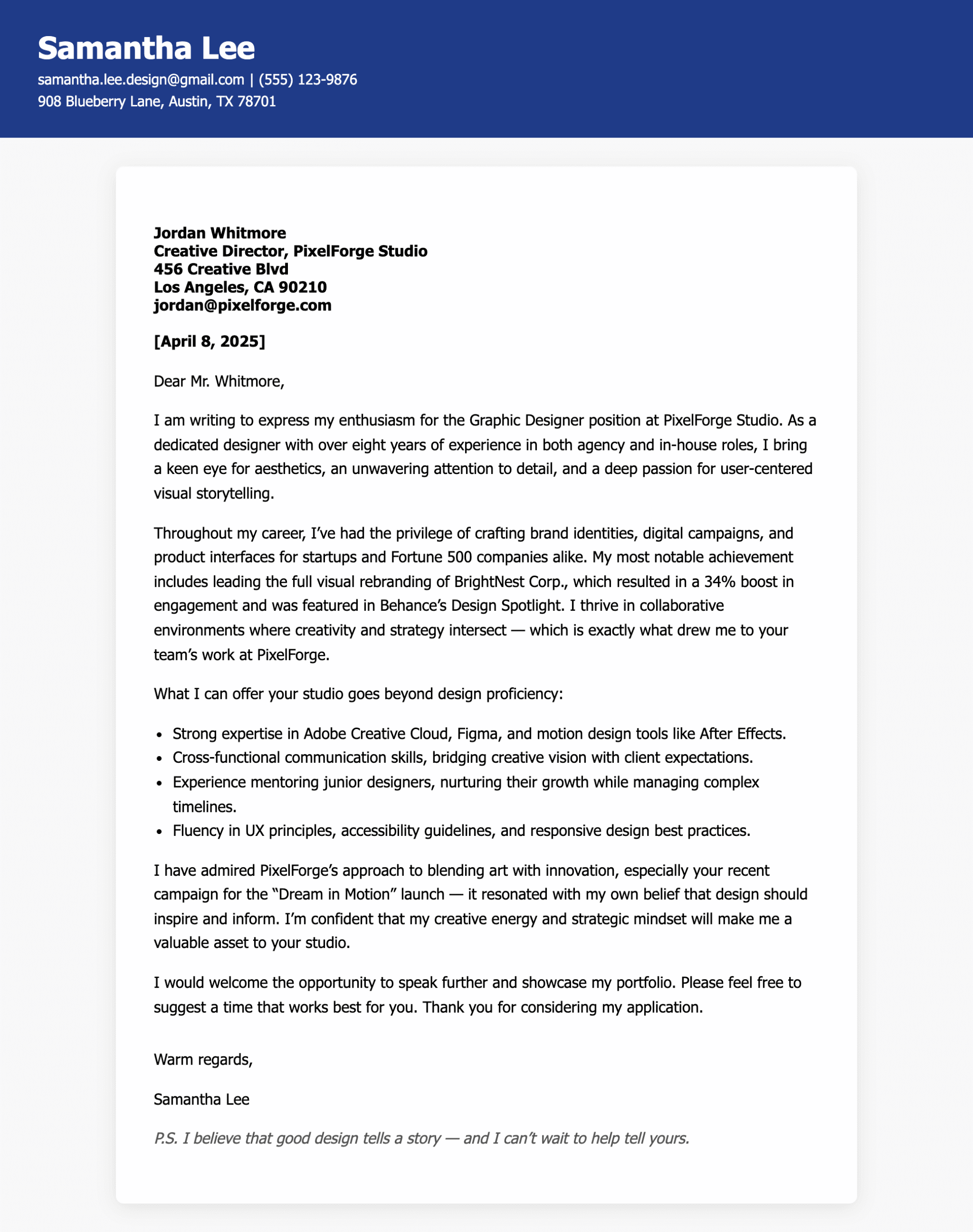Graphic Designer Cover Letter Example