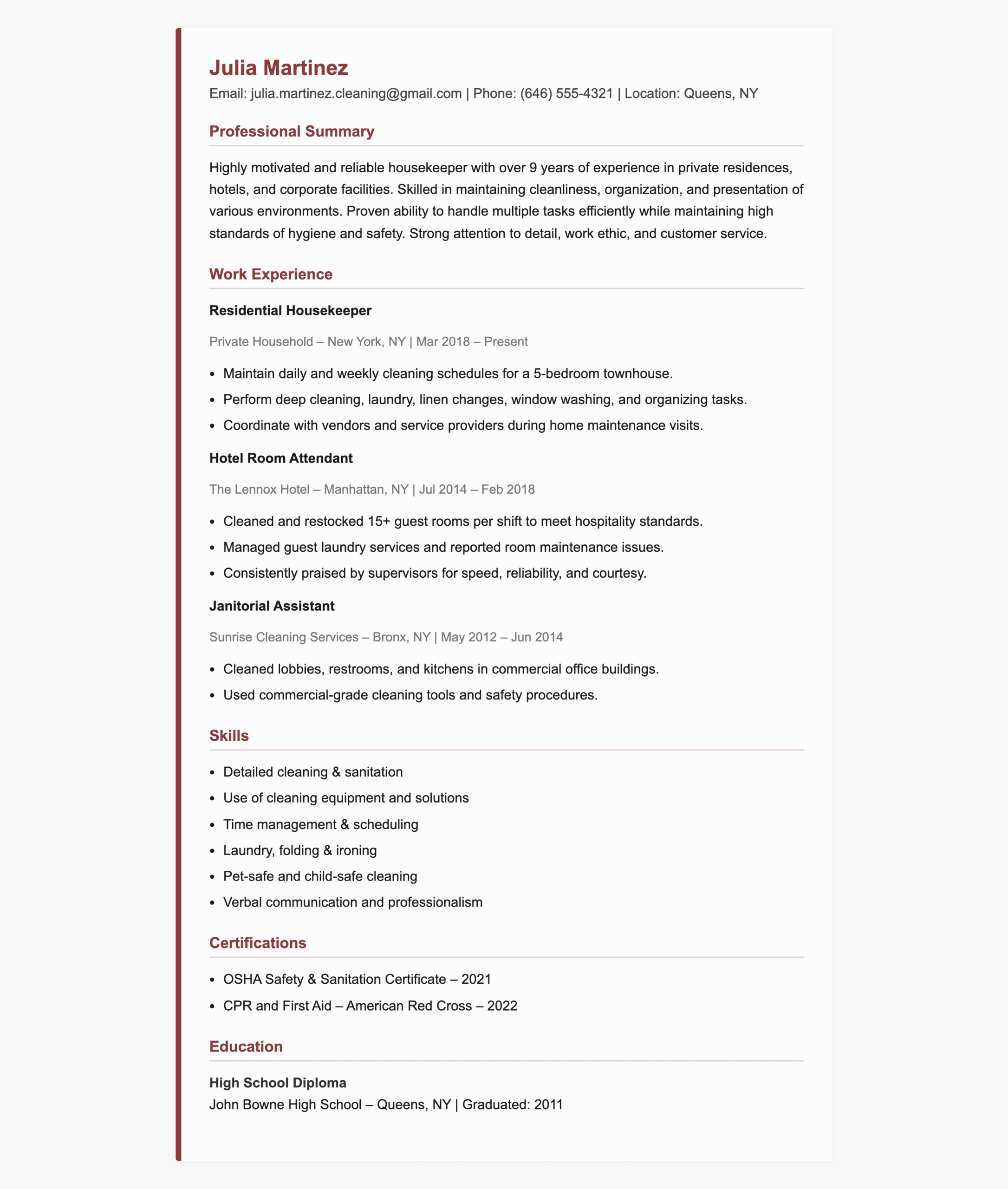 Housekeeper Resume Examples for ATS