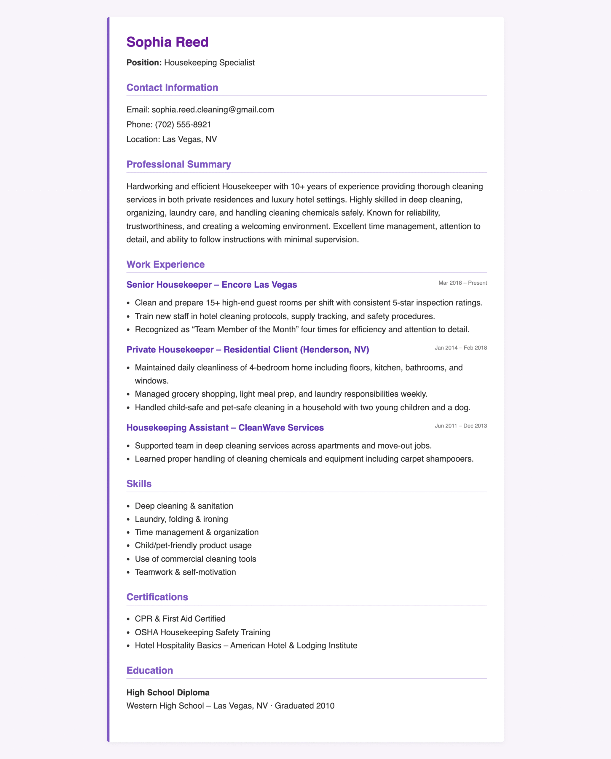 Simple Housekeeper Resume Examples