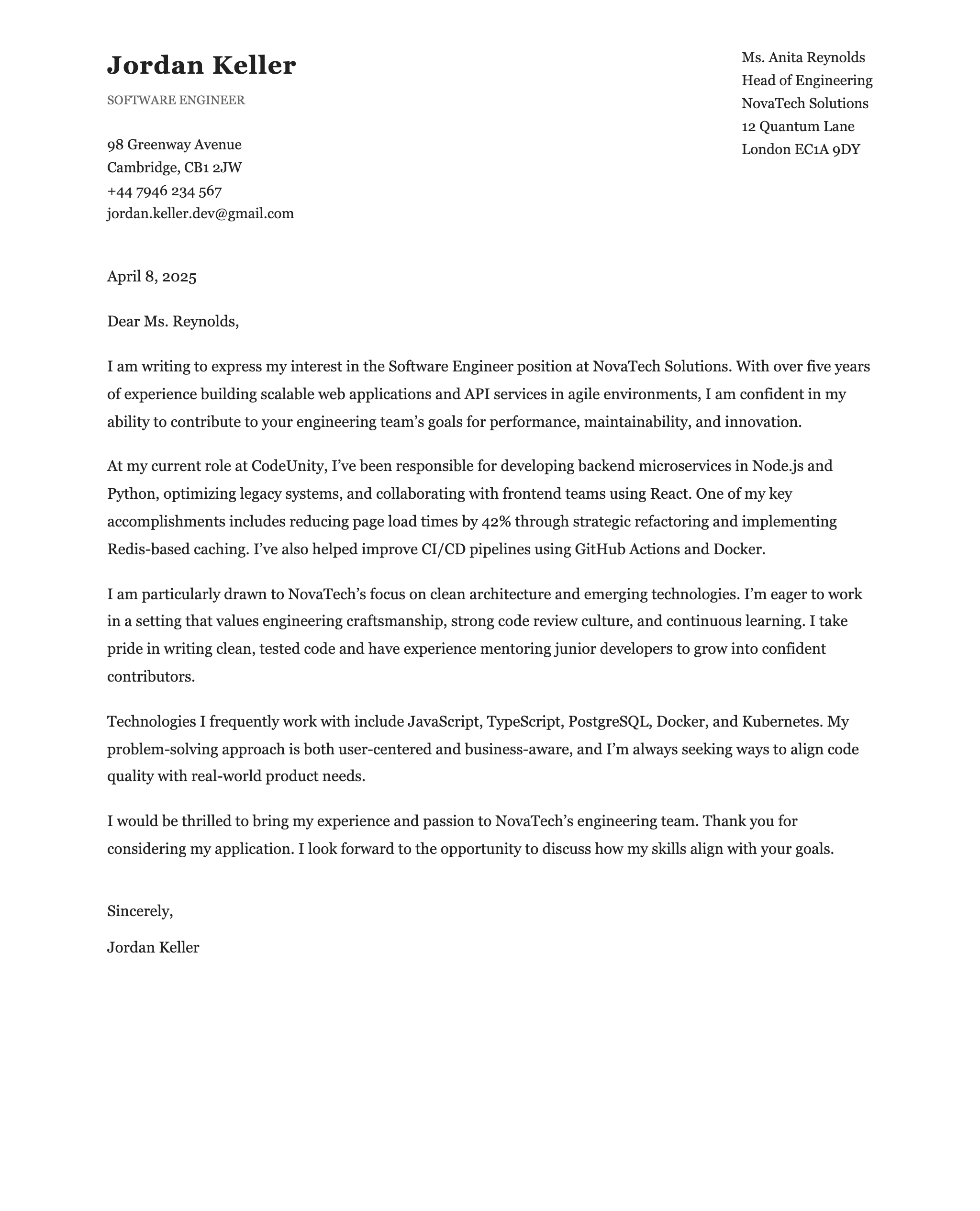 Software Engineer Cover Letter Example
