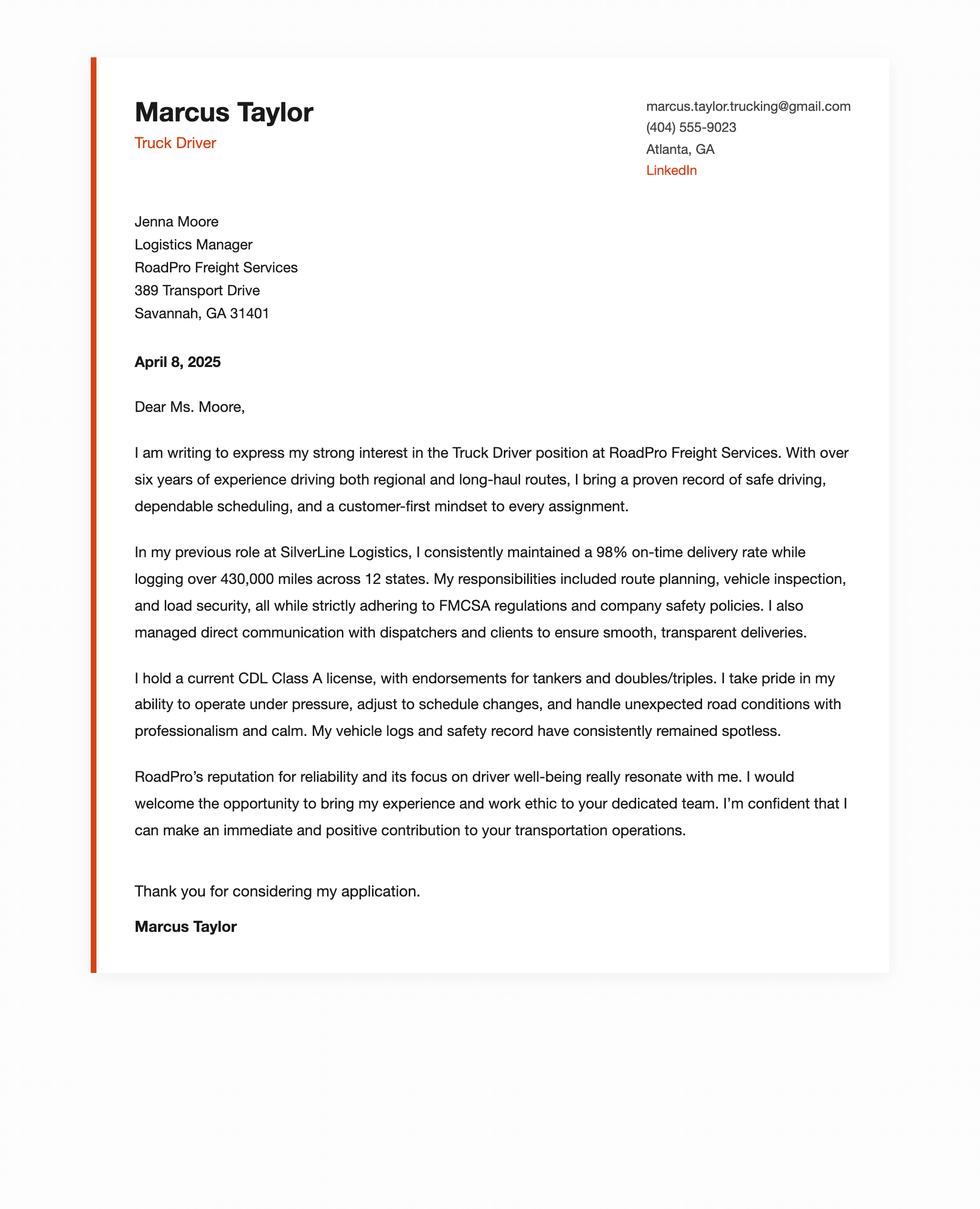 Truck Driver Cover Letter Examples