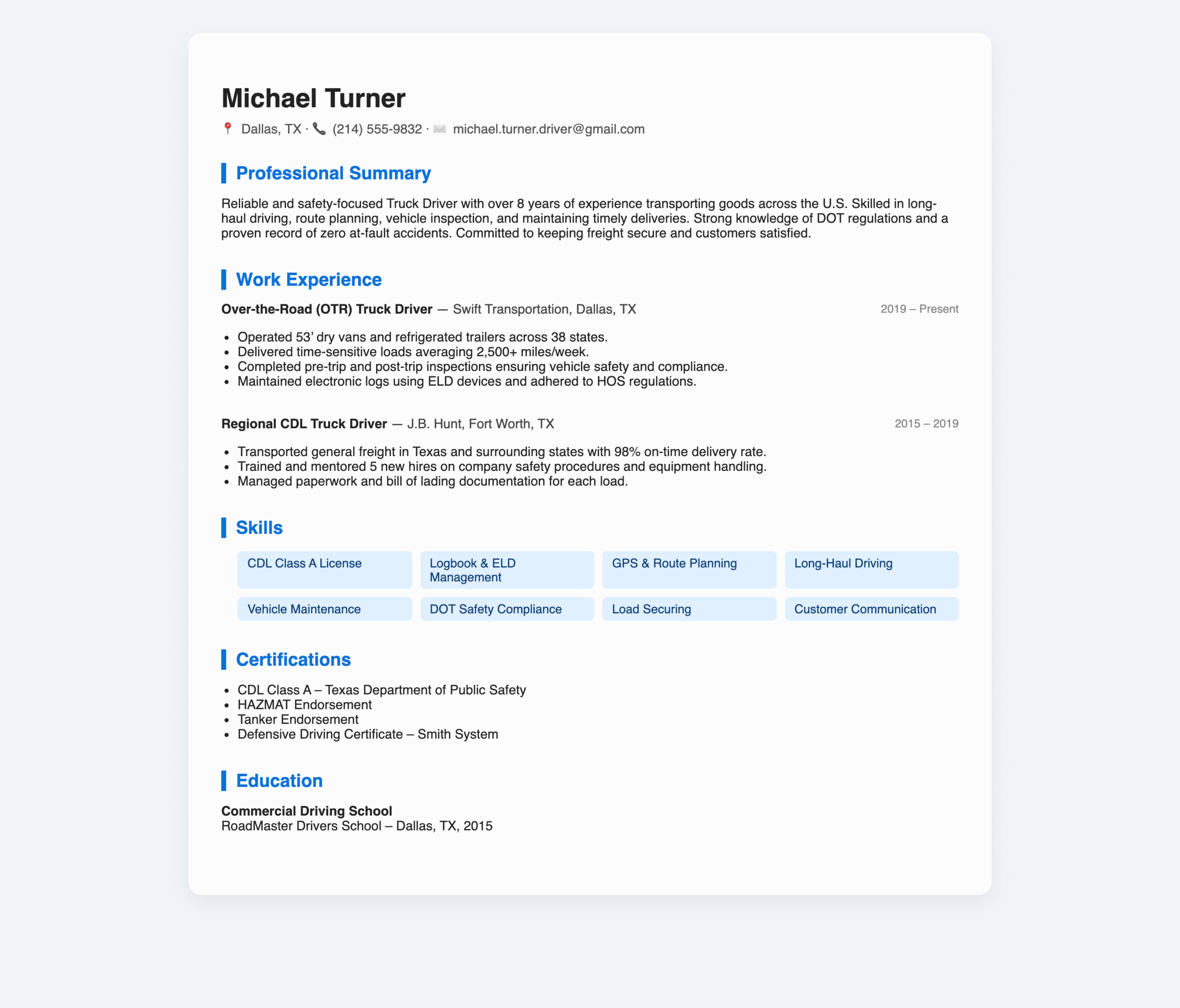 Truck Driver Resume (CV) Examples